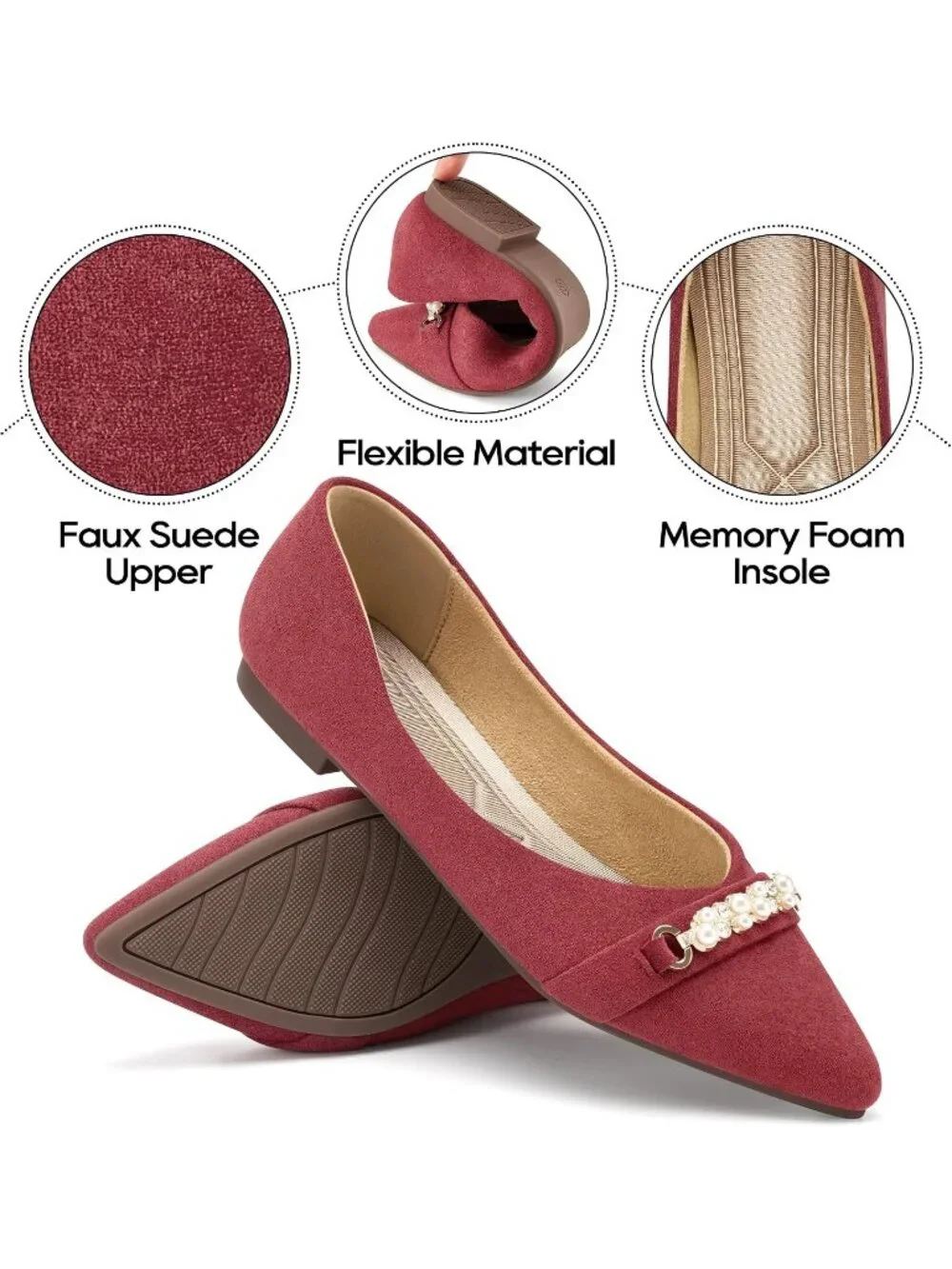 Women's Red Rubber Rhinestone Pointed Toe Flats Comfortable Slip On Shoes
